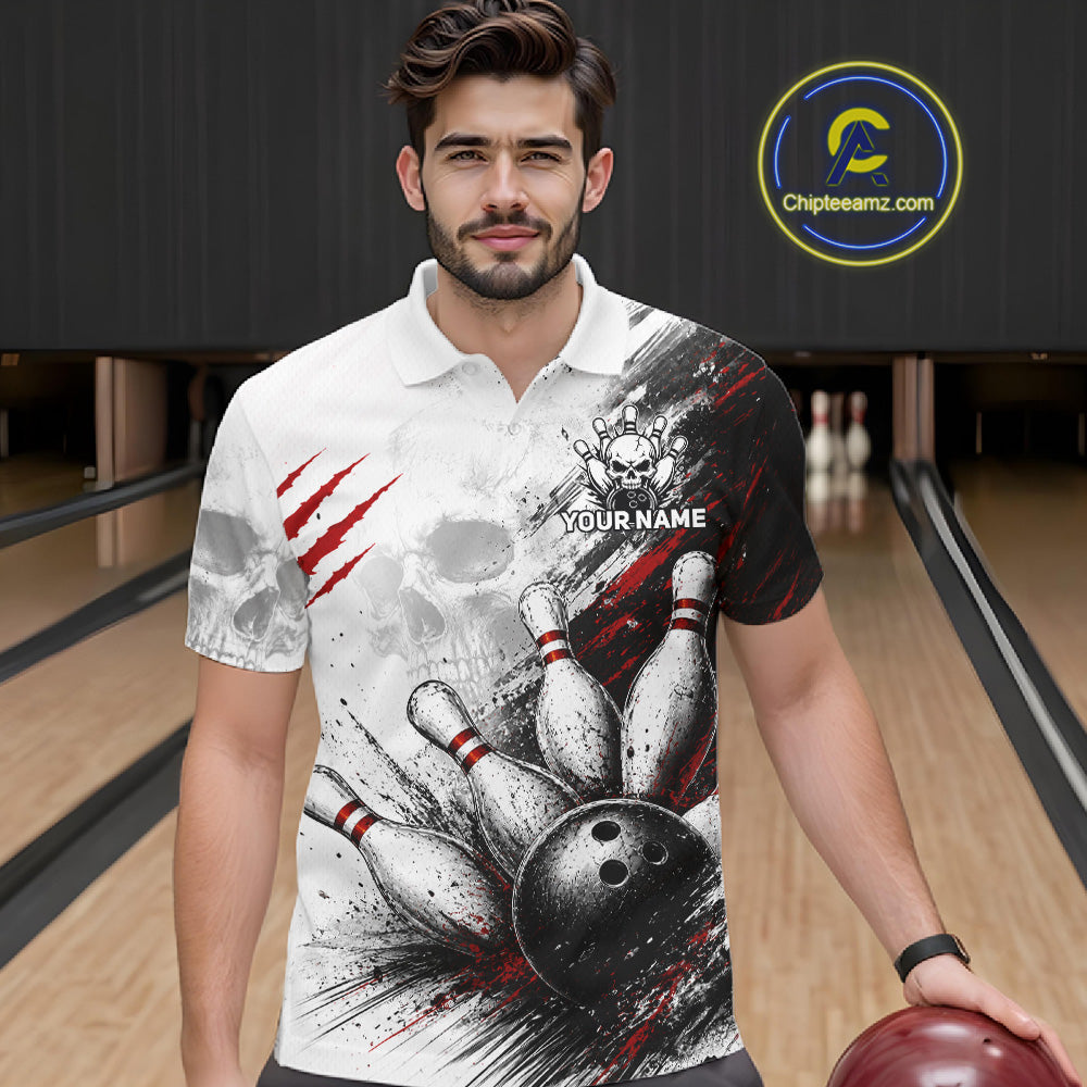 A man wearing a custom bowling-themed short-sleeve polo shirt with a black, white, and red graphic print of bowling pins, a bowling ball, and claw marks. He is standing in a bowling alley holding a bowling ball, with a 'Chigleamz.