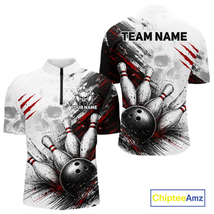 Custom short-sleeve athletic quarter-zip shirt shown from front and back on a white background. The design features a black and white bowling theme with red claw marks, a bowling ball, bowling pins, and customizable text placeholders 'TEAM NAME' and 'YOUR NAME'.