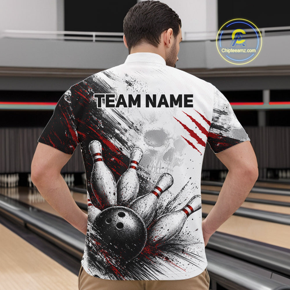A man viewed from behind wearing a custom bowling-themed short-sleeve shirt with a large graphic print of bowling pins, a bowling ball, and red claw marks on a white background. The shirt has 'TEAM NAME' printed across the upper back