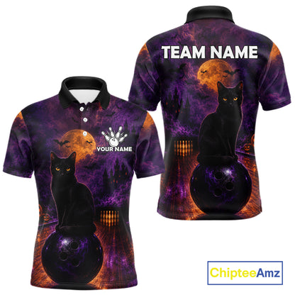 Black Cat Halloween Bowling Polo Shirt Custom Name Team Quarter Zip Jersey For Men NHT1351