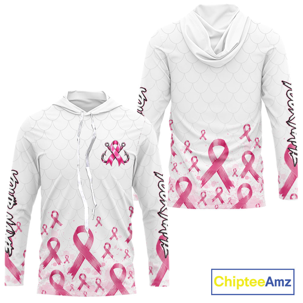 Fishing Shirt Long Sleeve Hooded Pink Ribbon Breast Cancer Awareness For Women, Men NHT1497