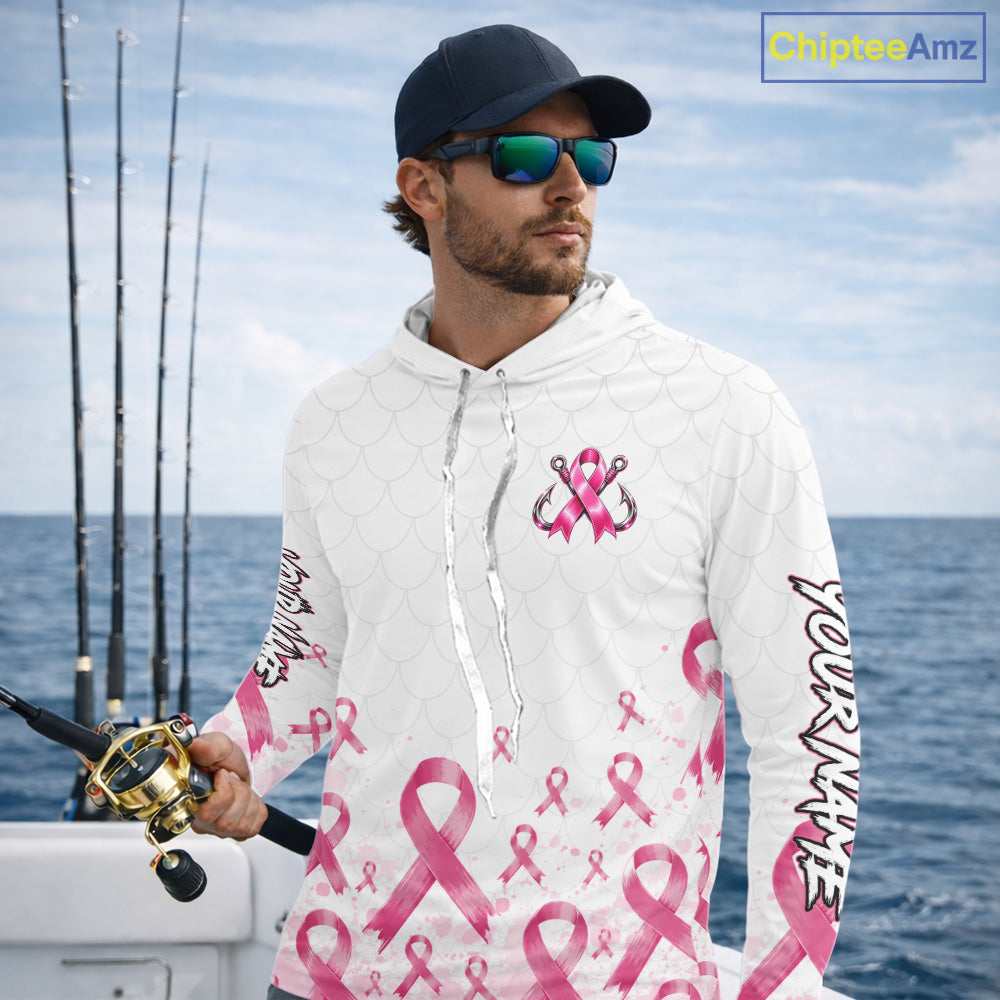 Fishing Shirt Long Sleeve Hooded Pink Ribbon Breast Cancer Awareness For Women, Men NHT1497