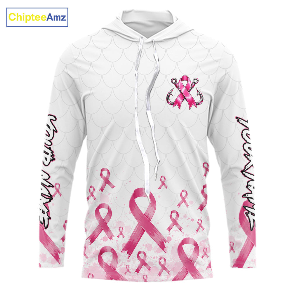 Fishing Shirt Long Sleeve Hooded Pink Ribbon Breast Cancer Awareness For Women, Men NHT1497