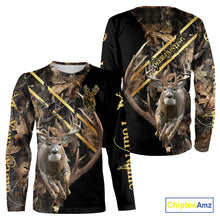 Load image into Gallery viewer, Brown Forest Camo Deer Hunting Shirt – Running Buck Graphic, Personalized Name For Hunter NHT342
