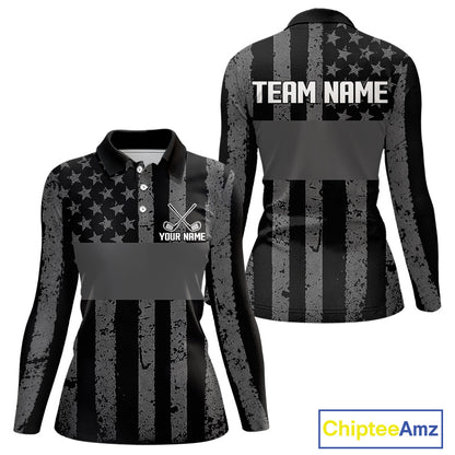 Black White American Flag Womens Golf Polo Shirts Custom Name, Team Name For Women Golf Gift NHT886