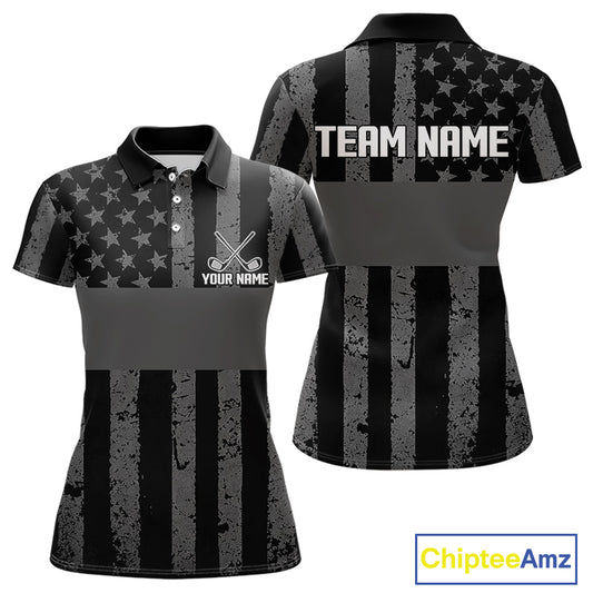 Black White American Flag Womens Golf Polo Shirts Custom Name, Team Name For Women Golf Gift NHT886