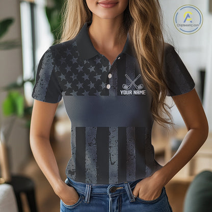 Black White American Flag Womens Golf Polo Shirts Custom Name, Team Name For Women Golf Gift NHT886