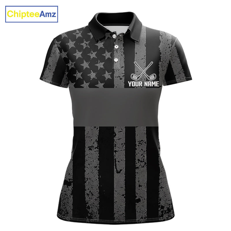 Black White American Flag Womens Golf Polo Shirts Custom Name, Team Name For Women Golf Gift NHT886