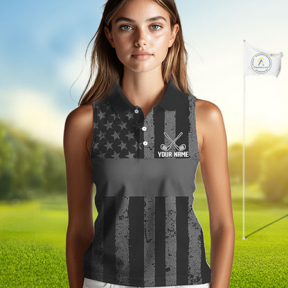 Black White American Flag Sleeveless Womens Golf Polo Shirts Custom Name, Team Name For Women Golf Gift NHT886