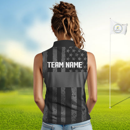 Black White American Flag Sleeveless Womens Golf Polo Shirts Custom Name, Team Name For Women Golf Gift NHT886