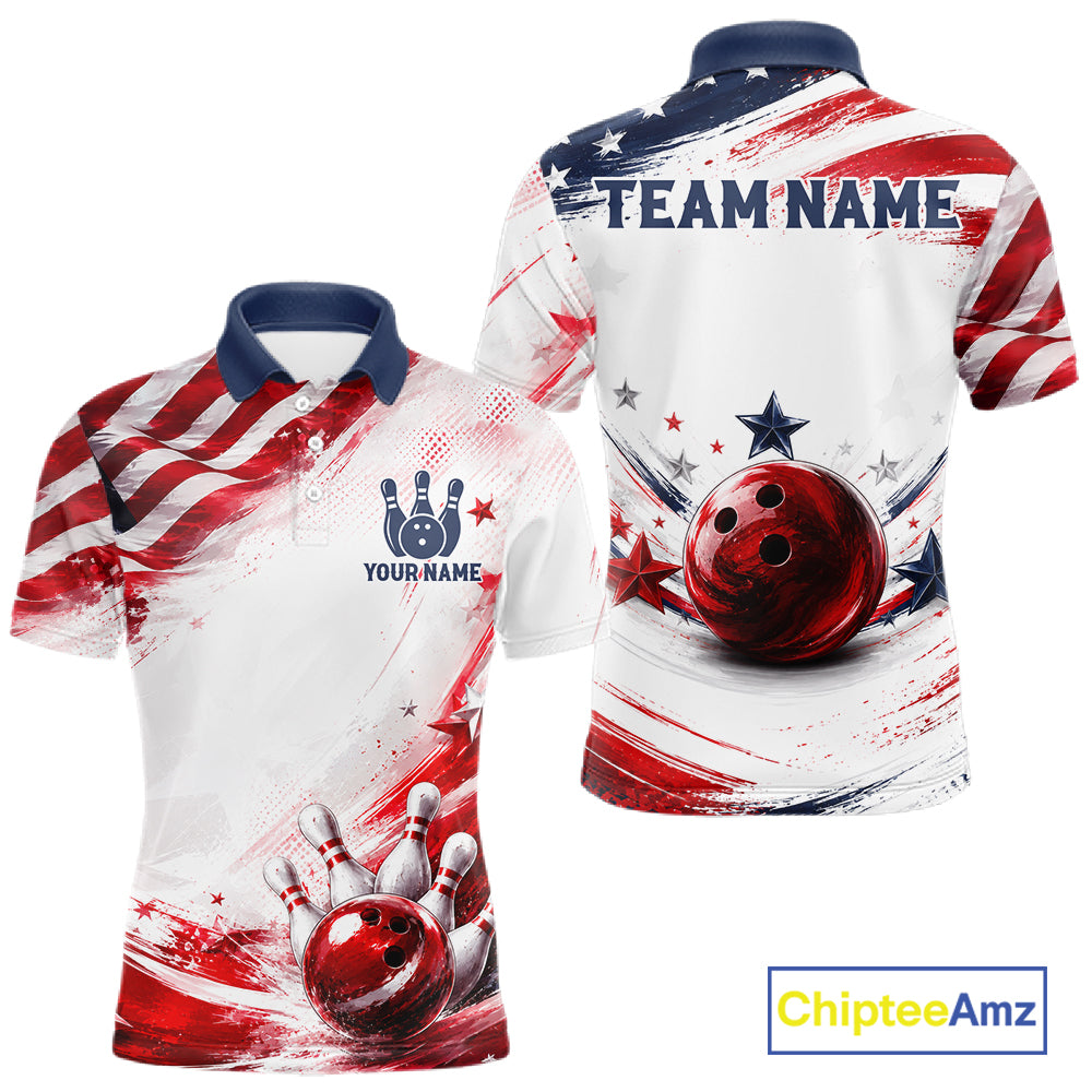 Custom Patriotic Bowling Team Men Polo Shirt, Personalized Bowling League Jersey Apparel NHT1510