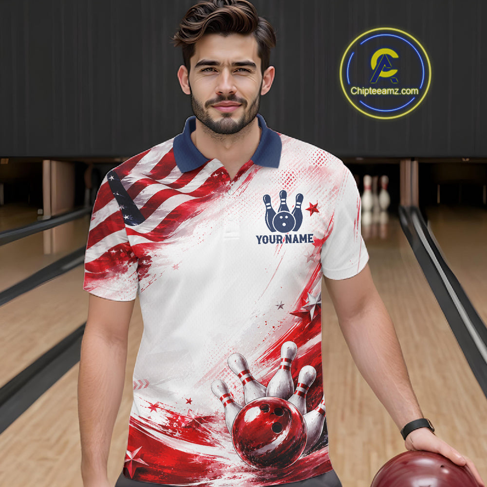 Custom Patriotic Bowling Team Men Polo Shirt, Personalized Bowling League Jersey Apparel NHT1510