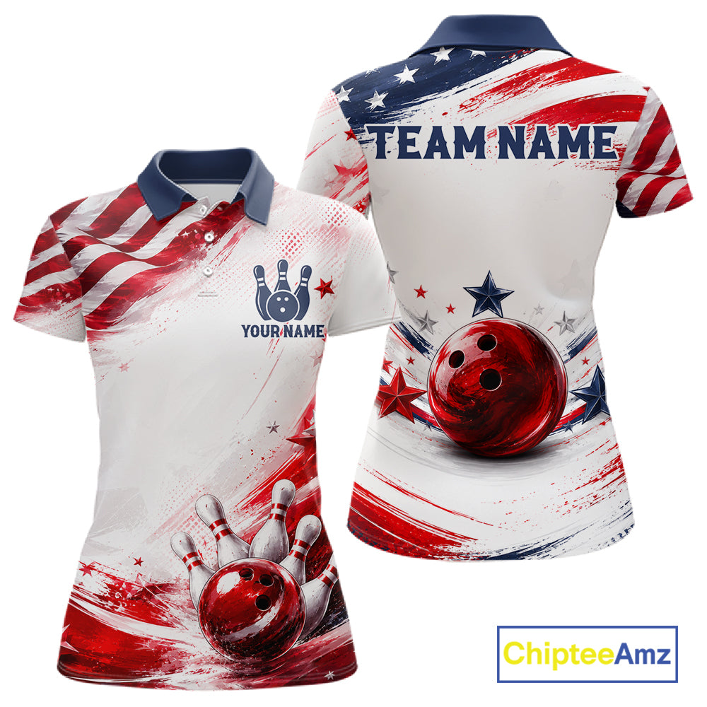 Custom Patriotic Bowling Team Women Polo Shirt, Personalized Bowling League Jersey Apparel NHT1510