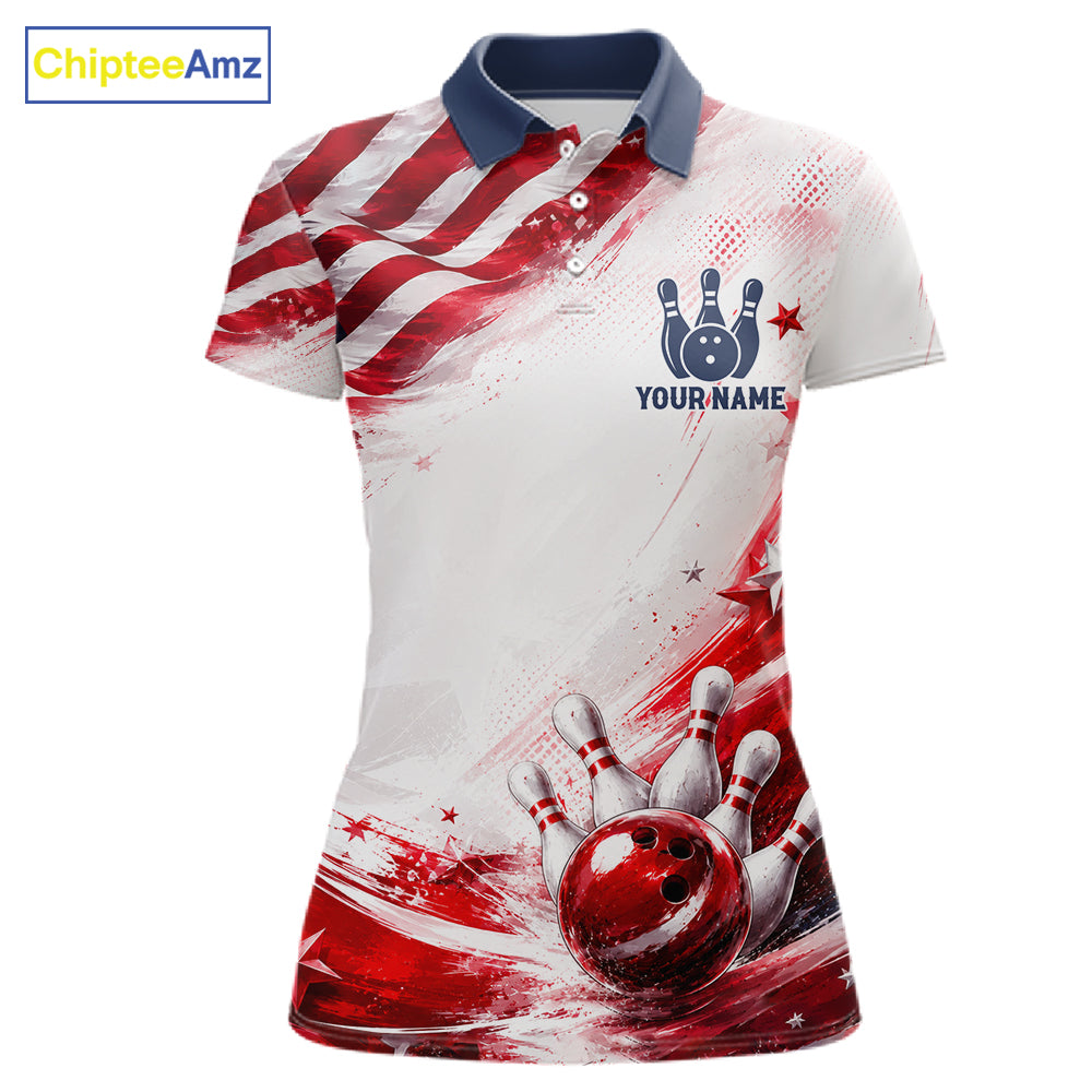 Custom Patriotic Bowling Team Women Polo Shirt, Personalized Bowling League Jersey Apparel NHT1510