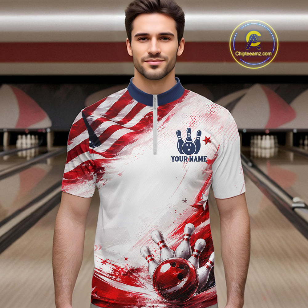 Custom Patriotic Bowling Team Men Polo Shirt, Personalized Bowling League Jersey Apparel NHT1510