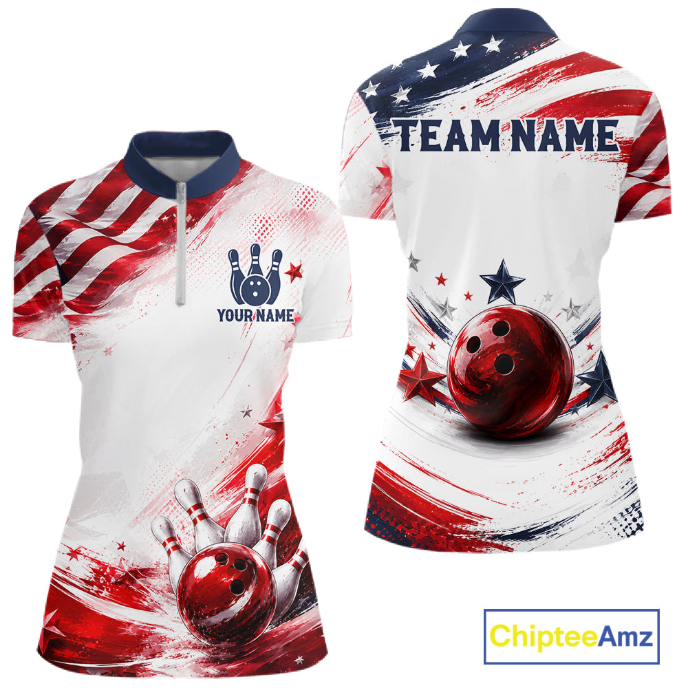 Custom Patriotic Bowling Team Women Polo Shirt, Personalized Bowling League Jersey Apparel NHT1510