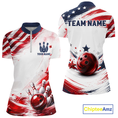 Custom Patriotic Bowling Team Women Polo Shirt, Personalized Bowling League Jersey Apparel NHT1510