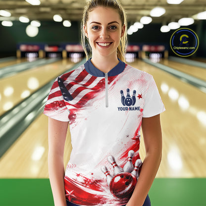 Custom Patriotic Bowling Team Women Polo Shirt, Personalized Bowling League Jersey Apparel NHT1510