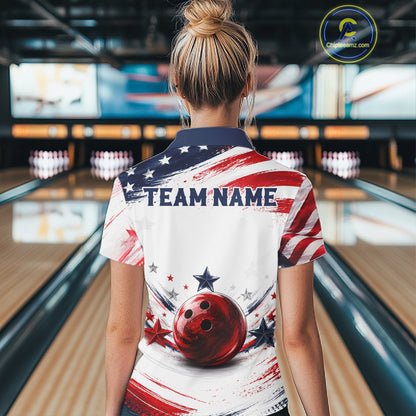 Custom Patriotic Bowling Team Women Polo Shirt, Personalized Bowling League Jersey Apparel NHT1510