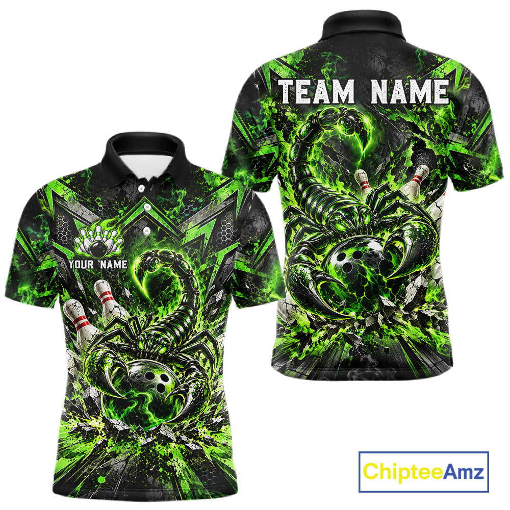 Green Scorpion Bowling Ball Pins Polo Shirt For Men Custom Neon Team Tournament Jersey NHT1675