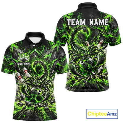 Green Scorpion Bowling Ball Pins Polo Shirt For Men Custom Neon Team Tournament Jersey NHT1675