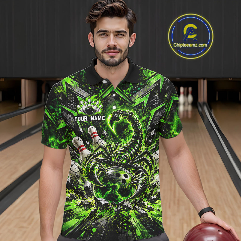 Green Scorpion Bowling Ball Pins Polo Shirt For Men Custom Neon Team Tournament Jersey NHT1675