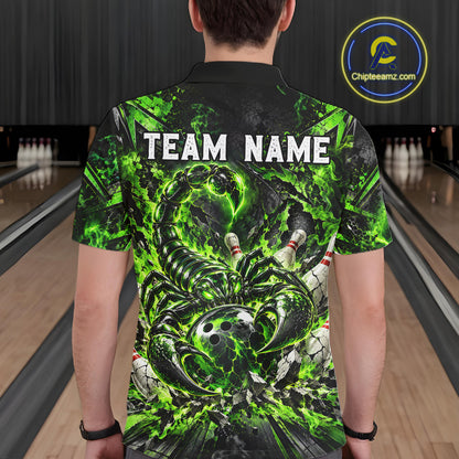 Green Scorpion Bowling Ball Pins Polo Shirt For Men Custom Neon Team Tournament Jersey NHT1675