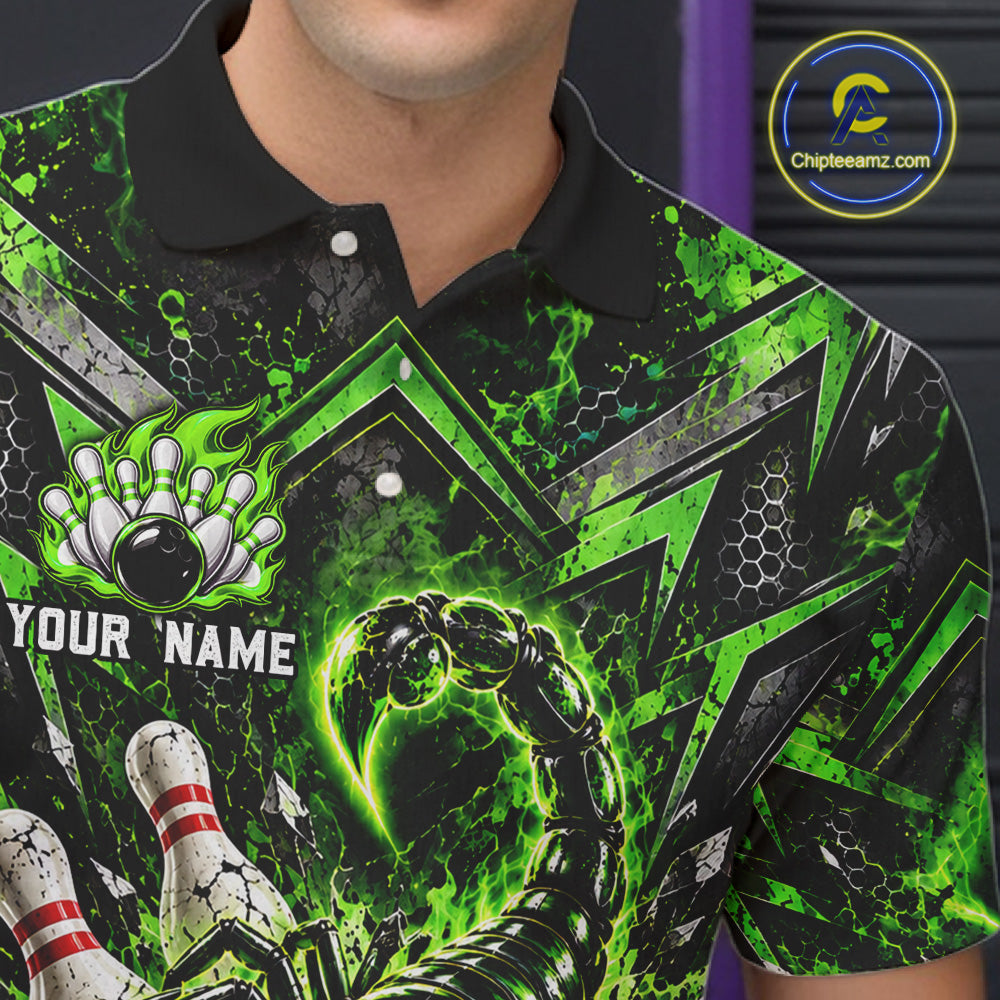 Green Scorpion Bowling Ball Pins Polo Shirt For Men Custom Neon Team Tournament Jersey NHT1675