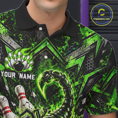 Green Scorpion Bowling Ball Pins Polo Shirt For Men Custom Neon Team Tournament Jersey NHT1675