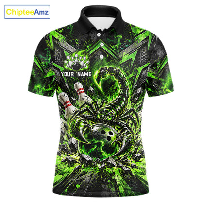 Green Scorpion Bowling Ball Pins Polo Shirt For Men Custom Neon Team Tournament Jersey NHT1675