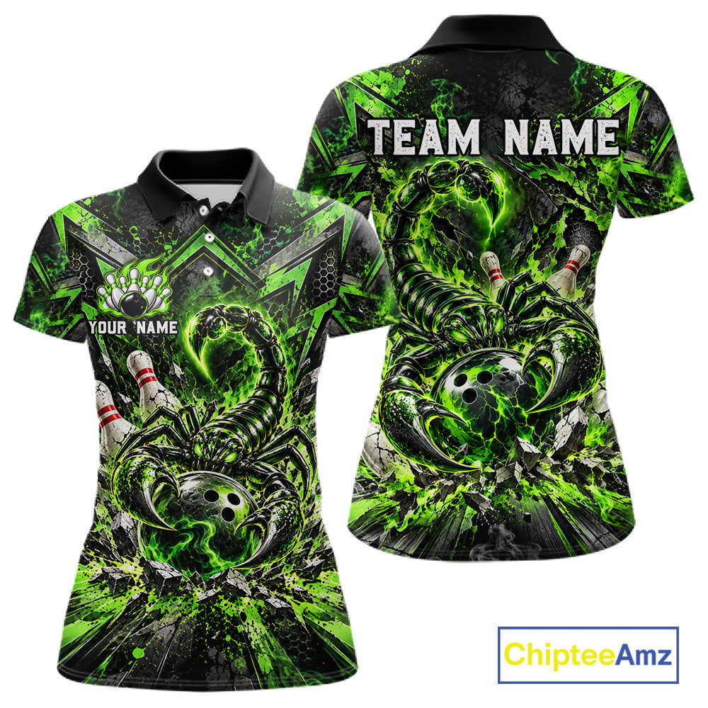 Green Scorpion Bowling Ball Pins Polo Shirt For Women Custom Neon Team Tournament Jersey NHT1675