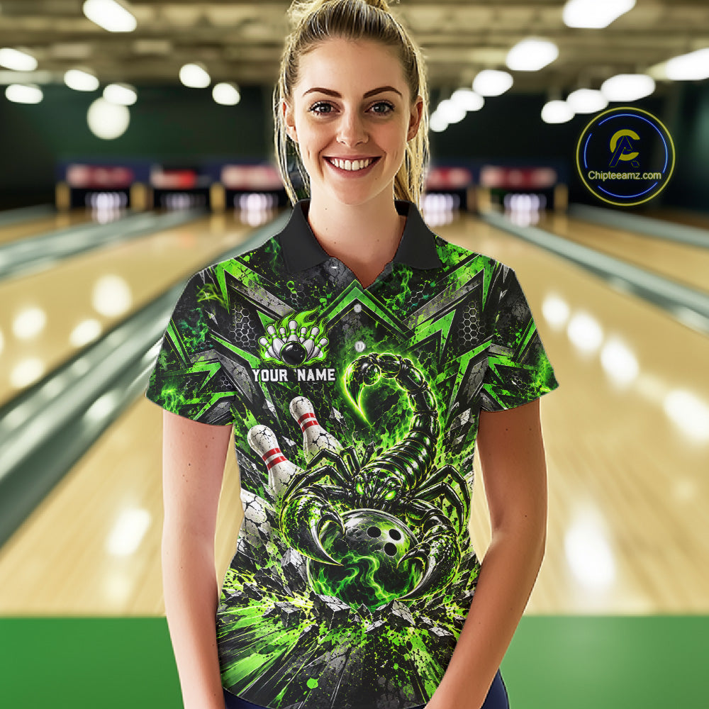 Green Scorpion Bowling Ball Pins Polo Shirt For Women Custom Neon Team Tournament Jersey NHT1675