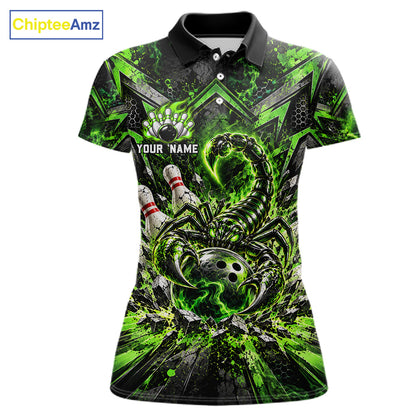 Green Scorpion Bowling Ball Pins Polo Shirt For Women Custom Neon Team Tournament Jersey NHT1675