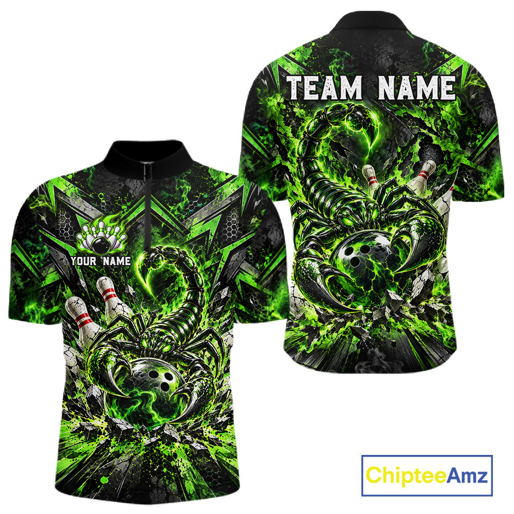 Green Scorpion Bowling Ball Pins Polo Shirt For Men Custom Neon Team Tournament Jersey NHT1675