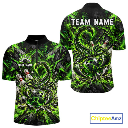 Green Scorpion Bowling Ball Pins Polo Shirt For Men Custom Neon Team Tournament Jersey NHT1675