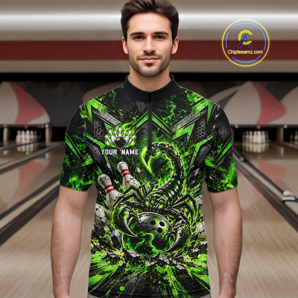 Green Scorpion Bowling Ball Pins Polo Shirt For Men Custom Neon Team Tournament Jersey NHT1675