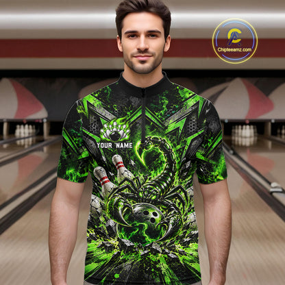 Green Scorpion Bowling Ball Pins Polo Shirt For Men Custom Neon Team Tournament Jersey NHT1675
