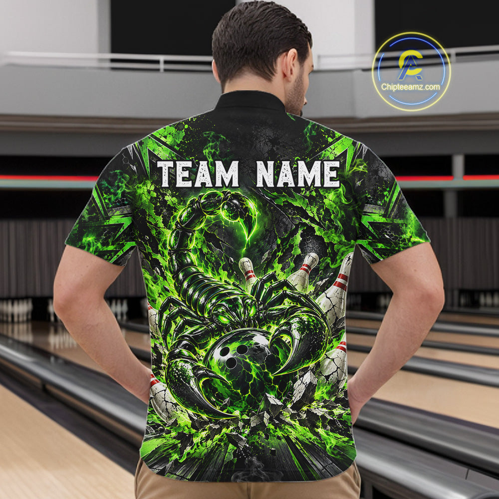 Green Scorpion Bowling Ball Pins Polo Shirt For Men Custom Neon Team Tournament Jersey NHT1675