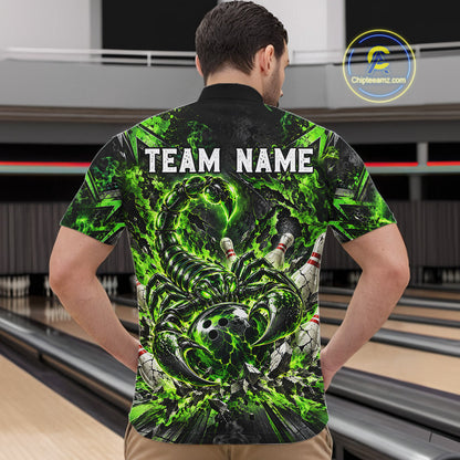 Green Scorpion Bowling Ball Pins Polo Shirt For Men Custom Neon Team Tournament Jersey NHT1675