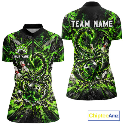 Green Scorpion Bowling Ball Pins Polo Shirt For Women Custom Neon Team Tournament Jersey NHT1675