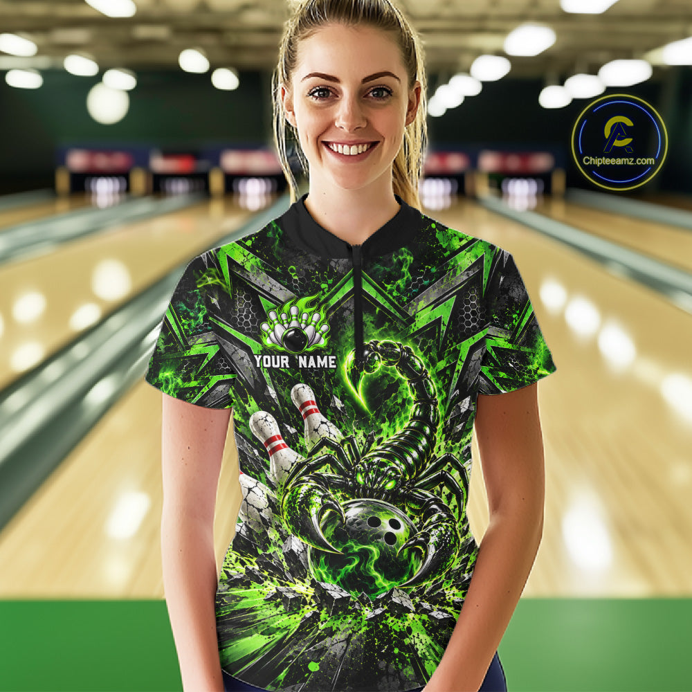 Green Scorpion Bowling Ball Pins Polo Shirt For Women Custom Neon Team Tournament Jersey NHT1675
