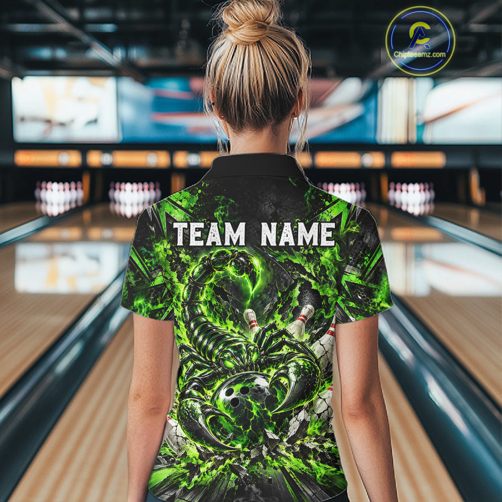 Green Scorpion Bowling Ball Pins Polo Shirt For Women Custom Neon Team Tournament Jersey NHT1675