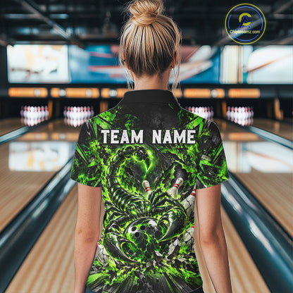 Green Scorpion Bowling Ball Pins Polo Shirt For Women Custom Neon Team Tournament Jersey NHT1675