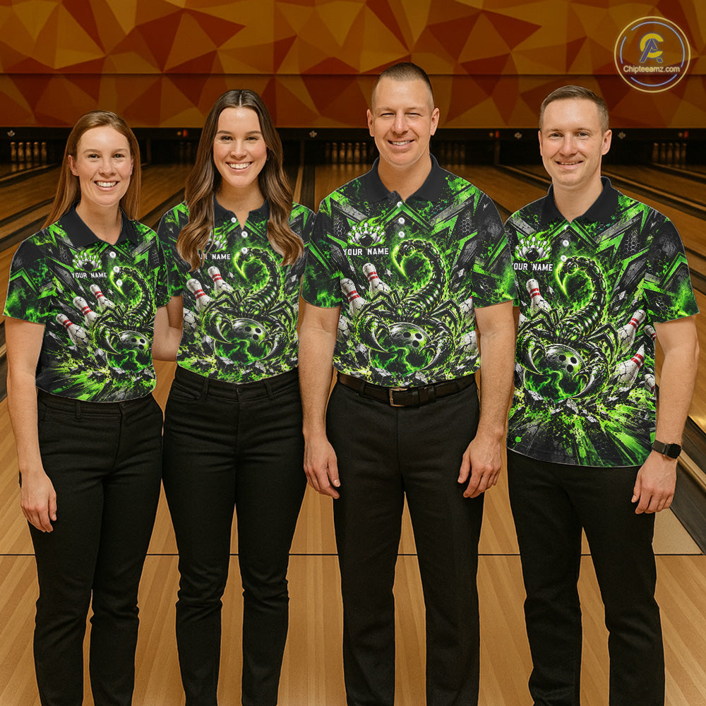 Green Scorpion Bowling Ball Pins Polo Shirt For Men Custom Neon Team Tournament Jersey NHT1675