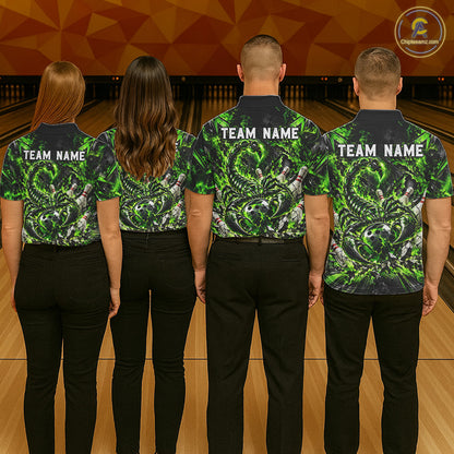 Green Scorpion Bowling Ball Pins Polo Shirt For Men Custom Neon Team Tournament Jersey NHT1675