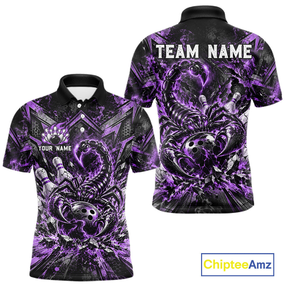 Purple Scorpion Bowling Ball Pins Polo Shirt For Men Custom Neon Team Tournament Jersey NHT1676