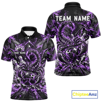 Purple Scorpion Bowling Ball Pins Polo Shirt For Men Custom Neon Team Tournament Jersey NHT1676
