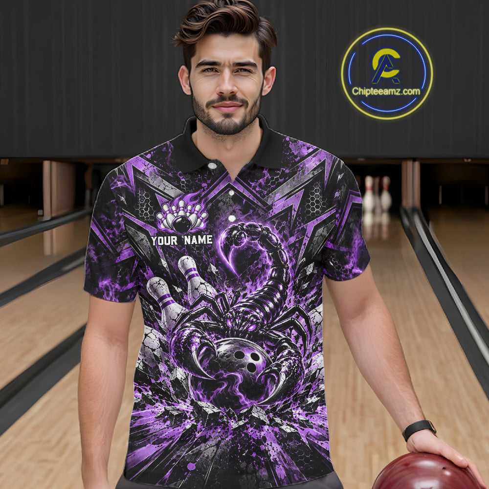 Purple Scorpion Bowling Ball Pins Polo Shirt For Men Custom Neon Team Tournament Jersey NHT1676