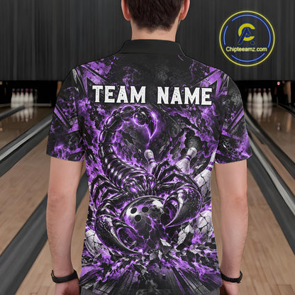 Purple Scorpion Bowling Ball Pins Polo Shirt For Men Custom Neon Team Tournament Jersey NHT1676