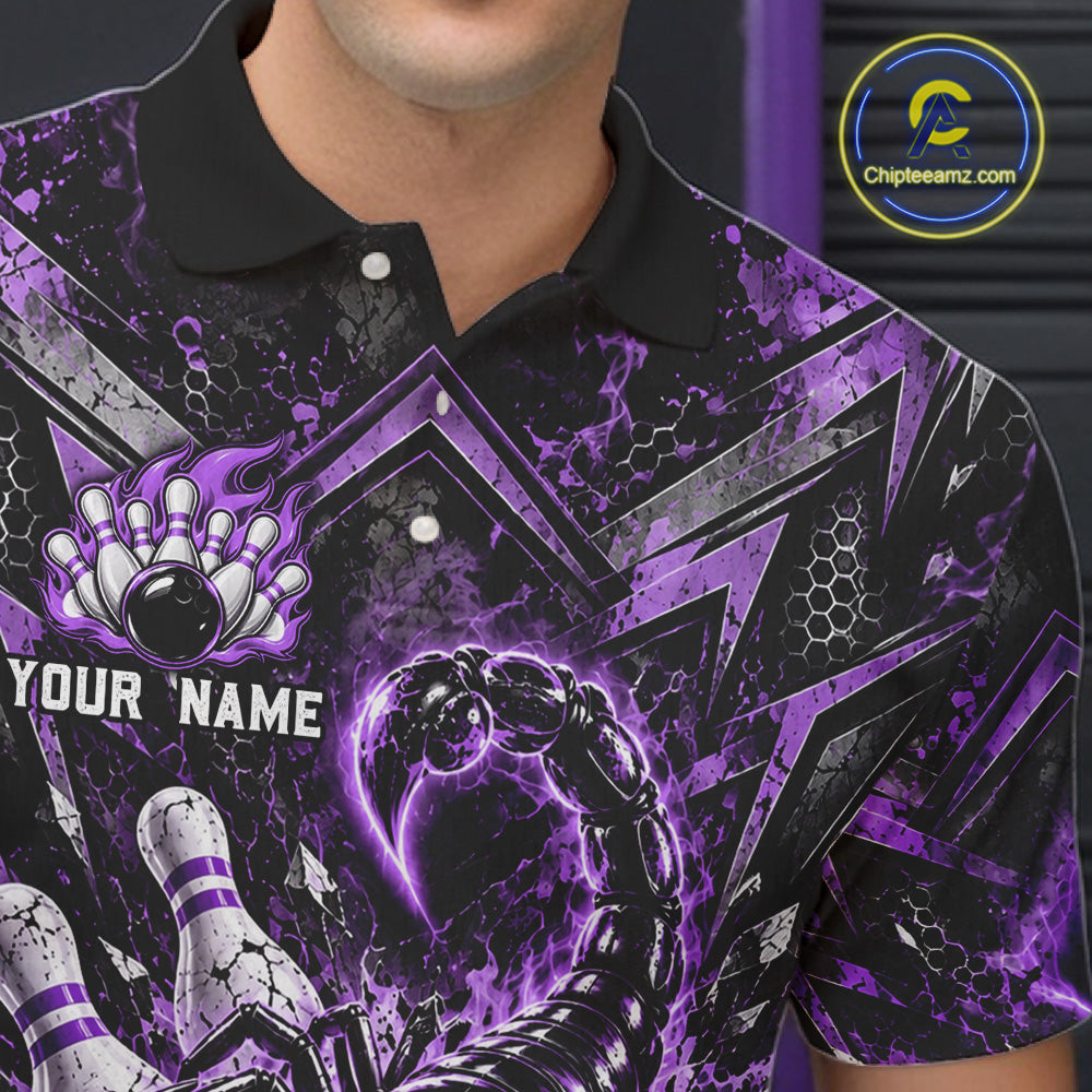 Purple Scorpion Bowling Ball Pins Polo Shirt For Men Custom Neon Team Tournament Jersey NHT1676